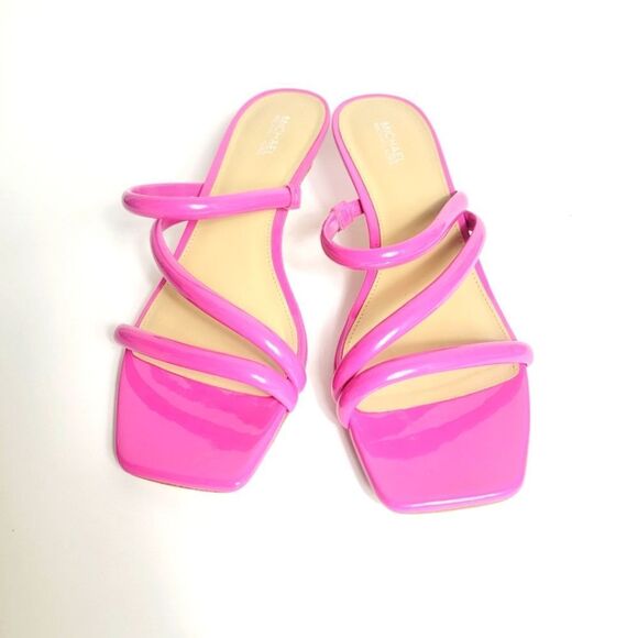 Michael Kors Celia Kitten Strappy Square Toe Slide Pink Patent Bombe Size 8.5 - Picture 3 of 9